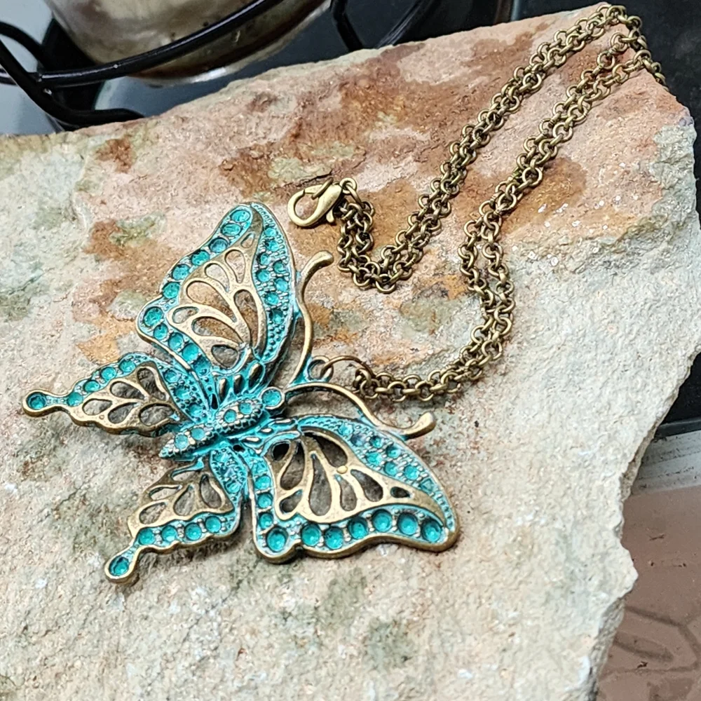 Anthro Insects Jewelry Antique Gold Bronze Butterfly Large Pendant